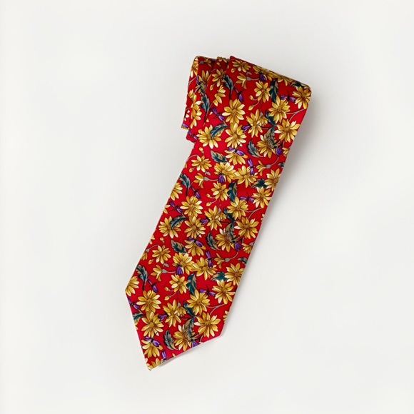 Dior Other - Christian Dior red golden yellow floral dragonfly print silk neck tie